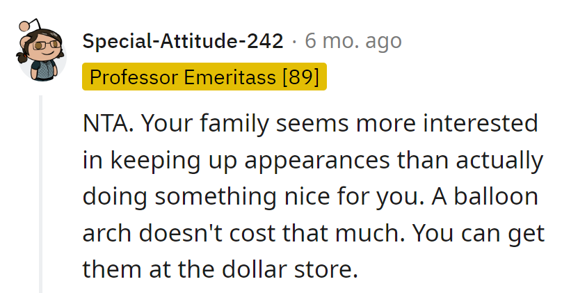 Family's all about appearances, but a balloon arch? Not a budget buster—more like a dollar store delight!