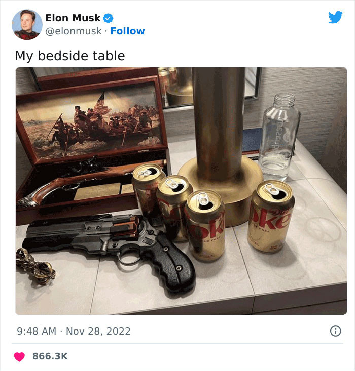 Musk said he has since tried to swap coffee for water. So at least that part of the photo might as well be natural.
