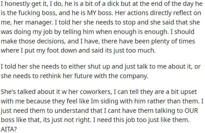 The OP directed an employee to stop communicating directly with the boss. The employee was given two choices: either to stay silent or to consider whether they should continue working for the new company.