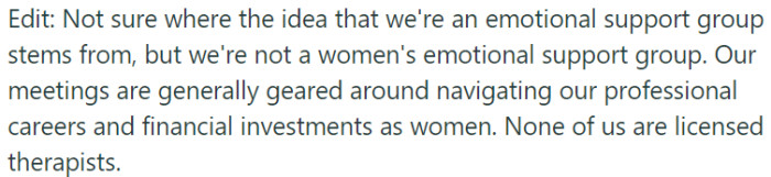 Women's Group Focused on Professional Careers and Financial Investments, Not an Emotional Support Group