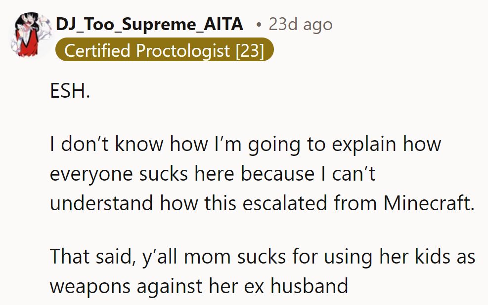 Somehow, Minecraft escalated into this mess. But their mom's the real villain for weaponizing her kids.