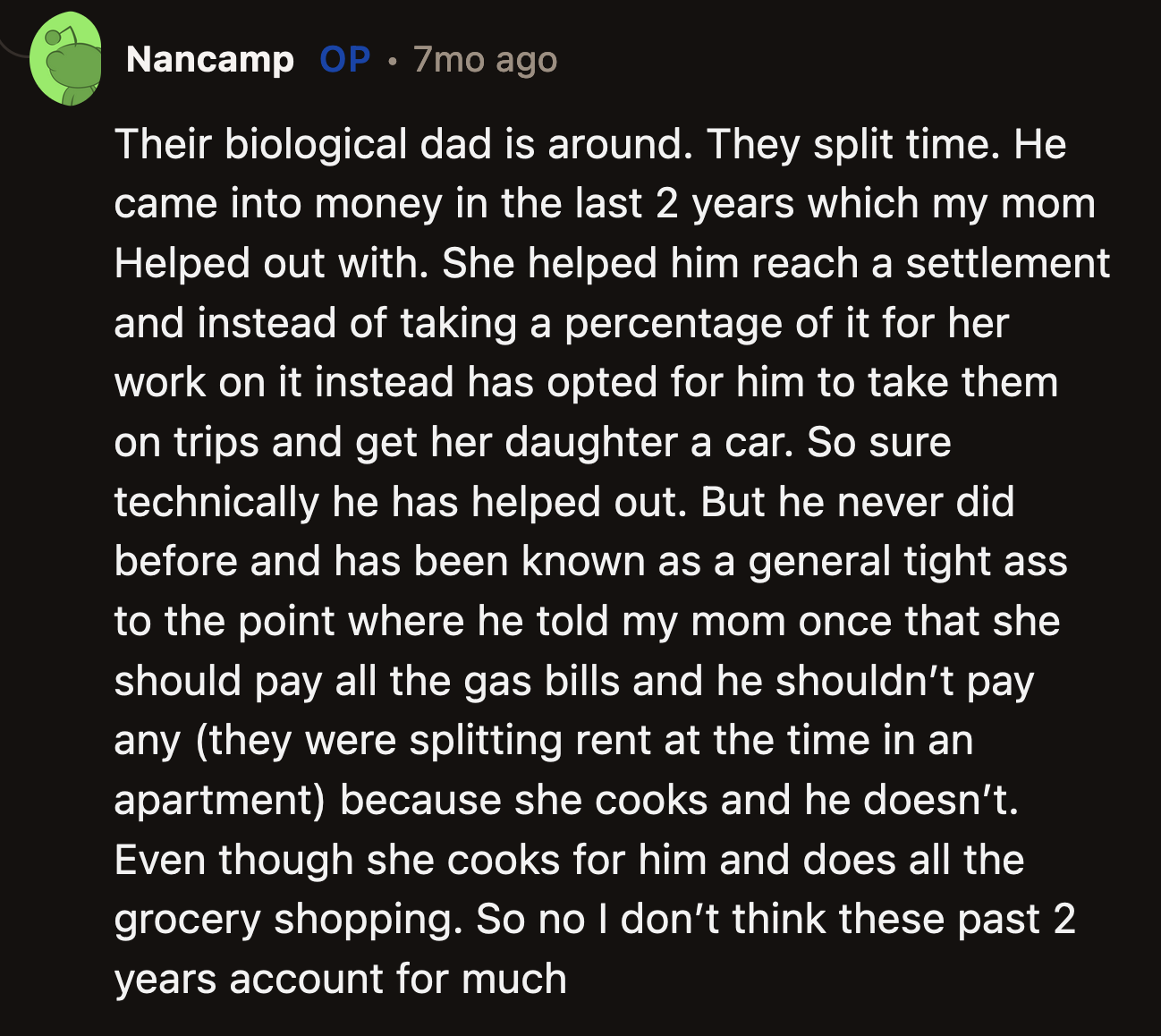 OP explained that Iris' car wasn't given out of love. He bought the car because OP's mom helped him get a settlement. In exchange, she asked that he take the family on a trip and buy Iris a car.