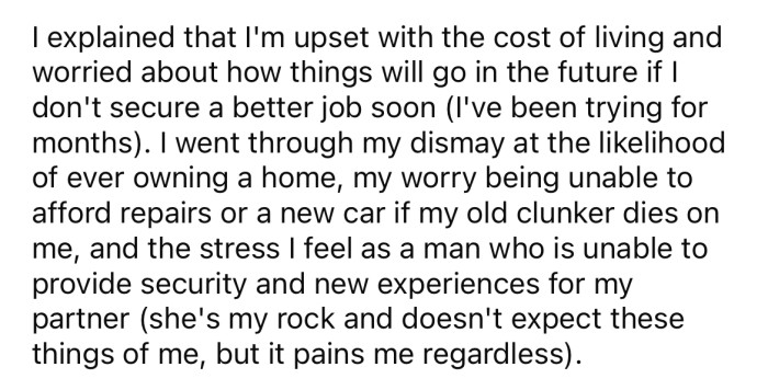 The OP opened up to his dad about the financial stress he's under and how much it worries him.