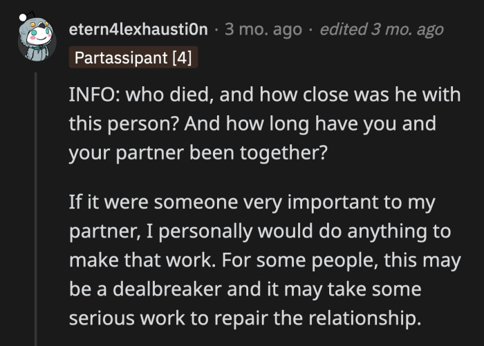 Oh, by the way, how long have they been together and whose funeral is Jack attending?