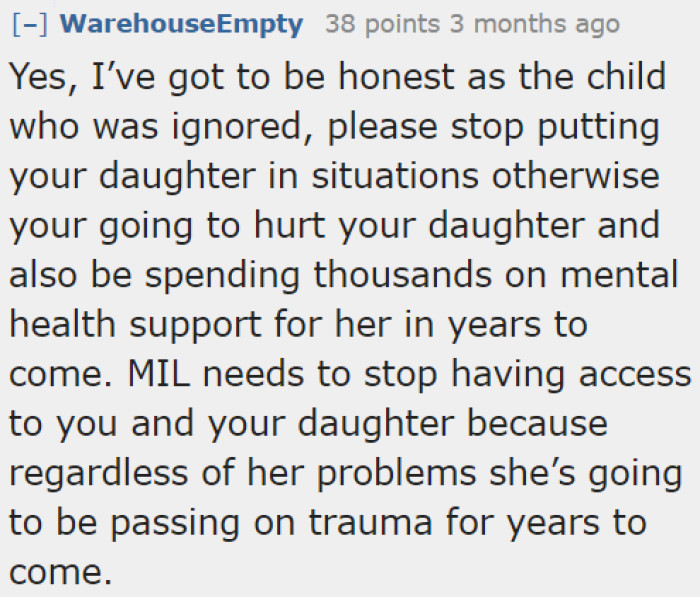 Allowing the OP's daughter to witness the MIL's unfair treatment will only hurt the little one.