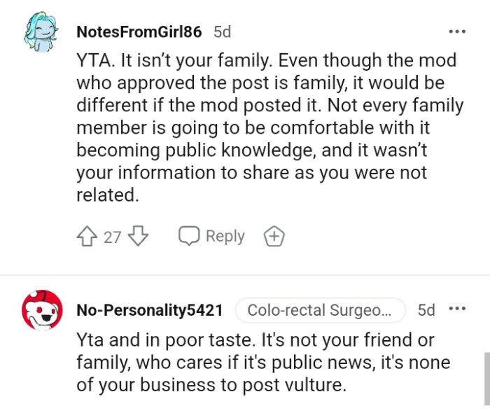 Not every family member is going to be comfortable with it becoming public knowledge