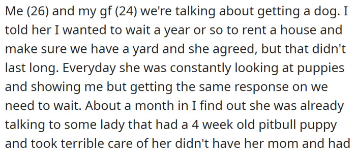 OP and his girlfriend agreed to get a dog when they move to a more suitable home for keeping dogs: