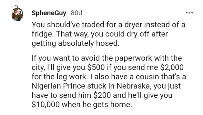 This Redditor Says That the OP Should Have Traded for a Dryer Instead of a Fridge