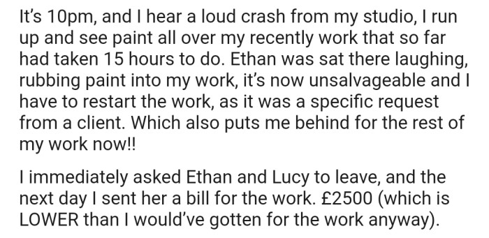 OP's nephew destroyed their painting. Consequently, she sent their sister a £2500 bill for the work