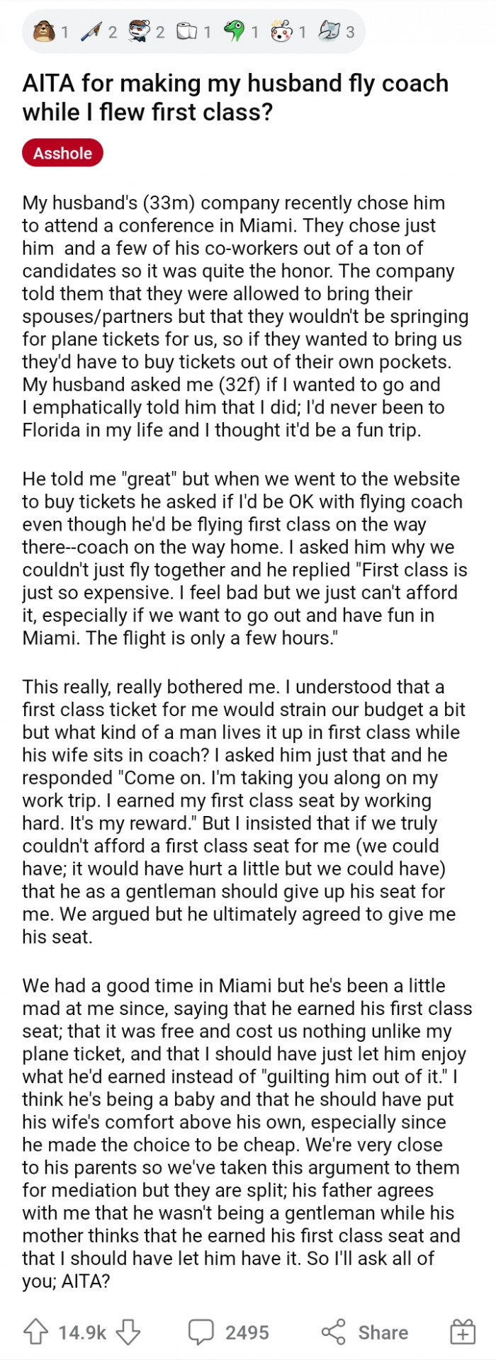 Wife asks the AITA Reddit community if she was wrong for letting her husband fly coach while she was in first class.