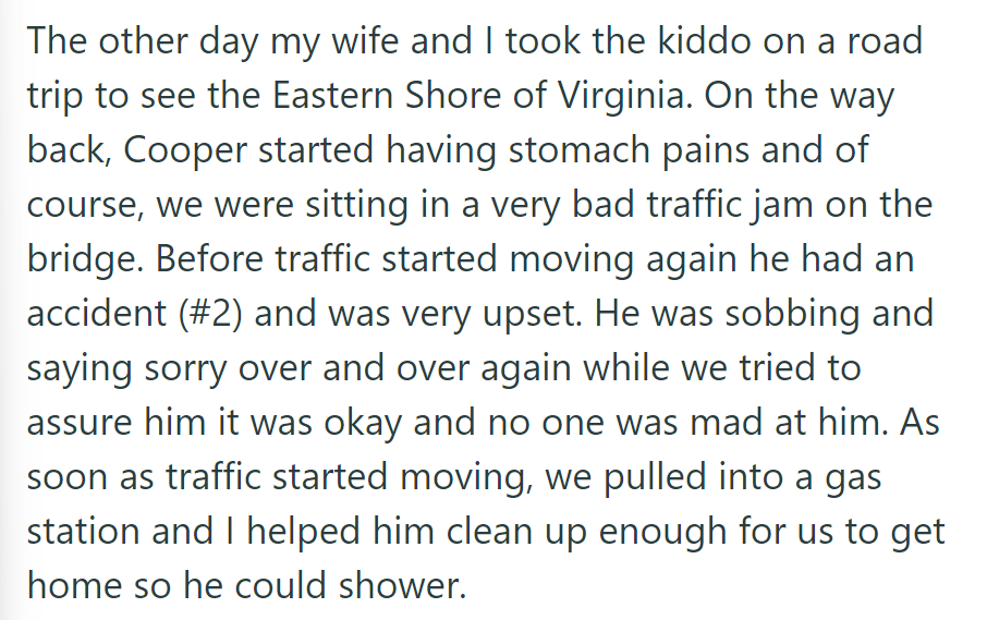 During a road trip, Cooper had an accident in traffic, so his parents cleaned him up at a gas station before going home.