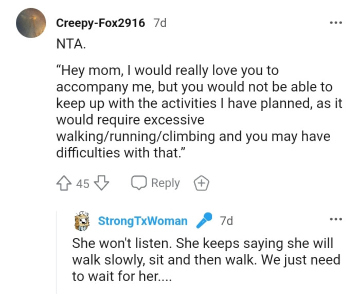 What the OP should tell his mom