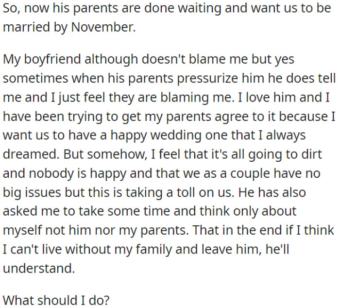This situation is causing stress in their relationship, and he suggests she think about her happiness, even if it means leaving him.