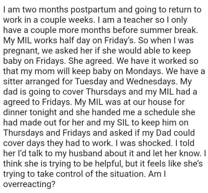 When the OP was pregnant, they asked her MIL if she would be able to keep their baby on Fridays