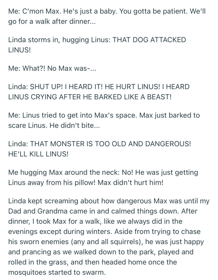 Linda accused OP’s dog (Max) of attacking her’s (Linus)