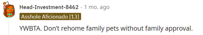 Rehoming family pets without the approval of all family members would be an AH move, as it disregards the importance of collective decision-making and the emotional attachment that everyone may have towards the pets.