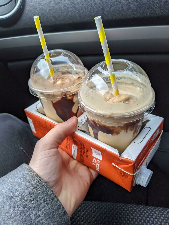 32. The drink tray that he obtained from a cafe is actually a repurposed milk carton