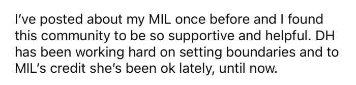 She explained that her husband has been working on setting boundaries with his mother.