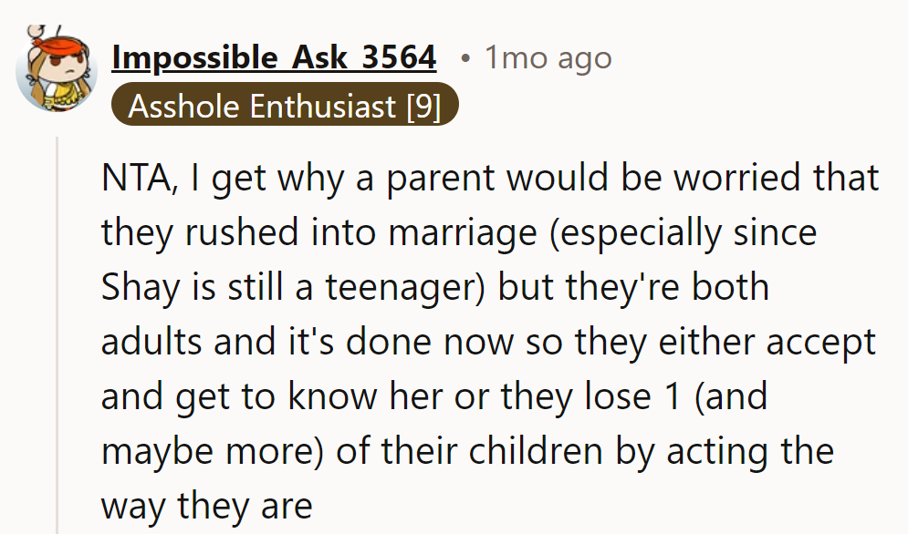 18. Parental concern: noted. Parental drama: unnecessary. It's accept or risk losing a child... or two.