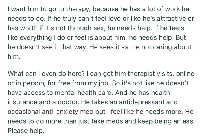 OP is insisting that her partner go for therapy