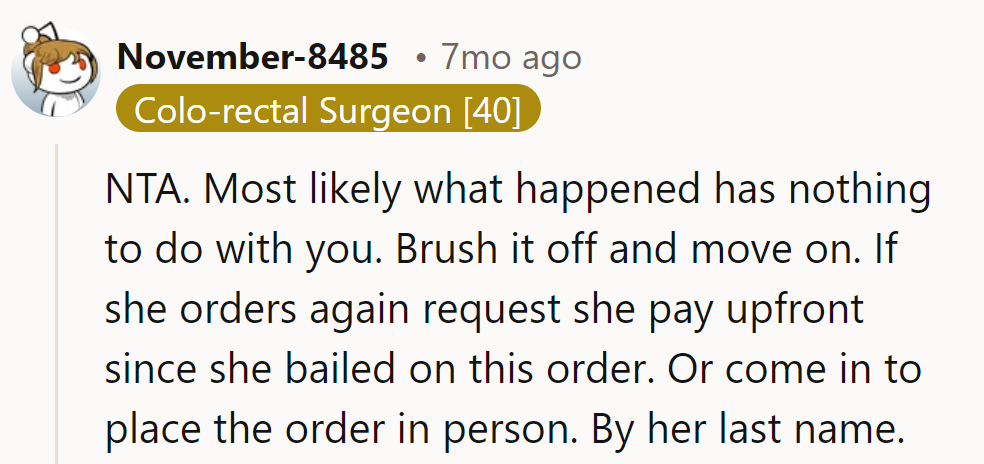 Stay cool next time with upfront payment or face-to-face orders using her last name.