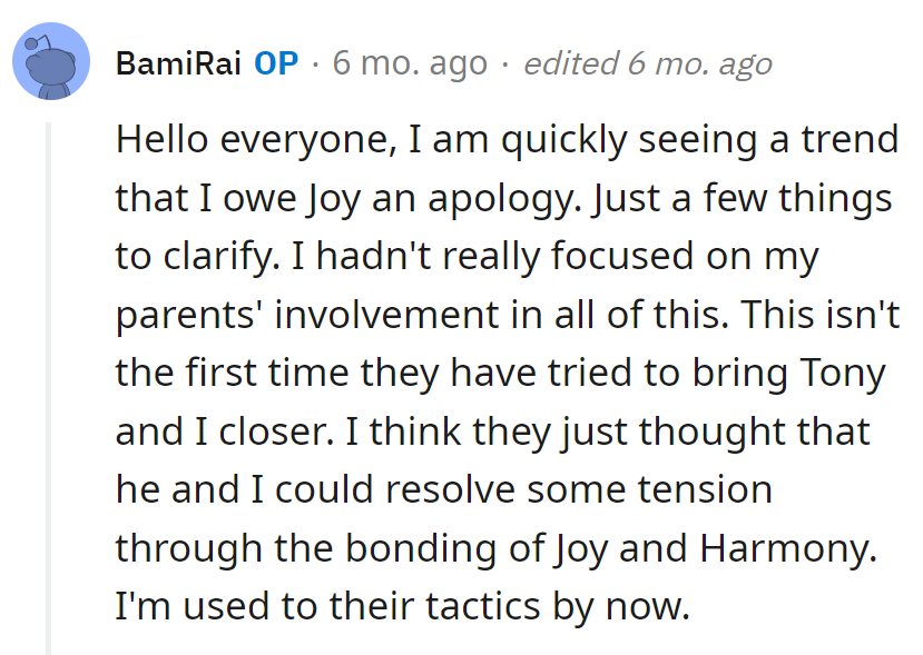 Parents playing matchmaker again, casting Tony and OP in a family drama. Joy and Harmony deserve better!