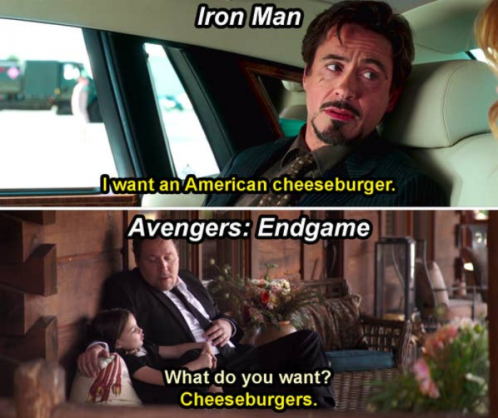 23. Morgan Stark asks Happy for cheeseburgers at Tony's funeral, the same thing Tony asked for after his abuction in the first 'Iron Man'