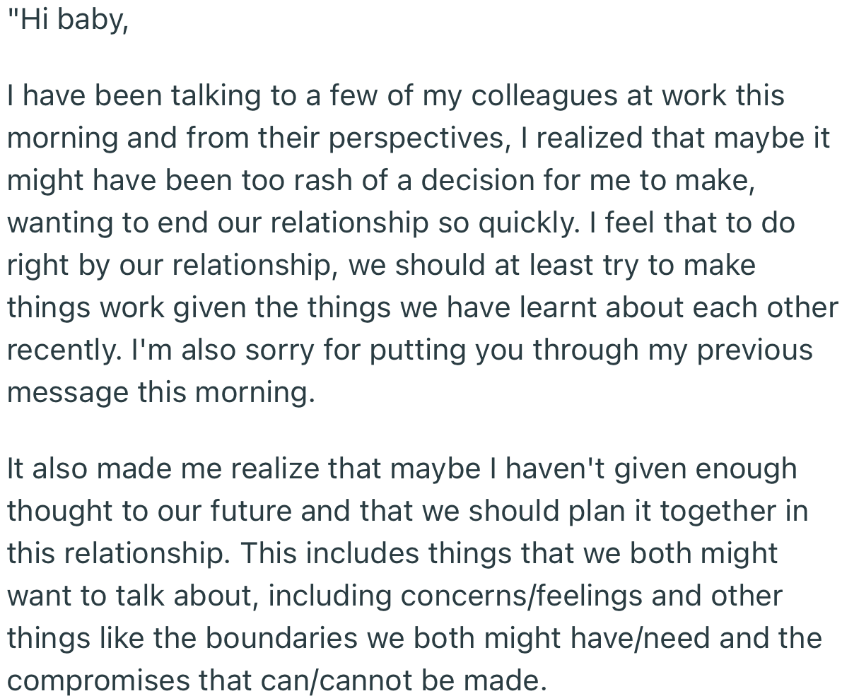 OP’s boyfriend regretted breaking up after listening to different perspectives from his colleagues at work
