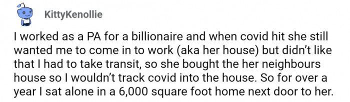 27. Private assistant to a billionaire worked and lived next door alone for a year during the start of COVID