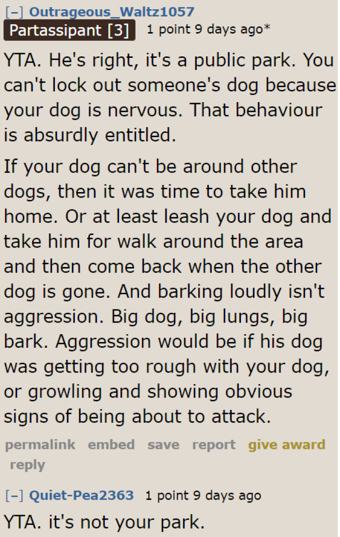 The OP should've just left since she's the one who owns a nervous dog.