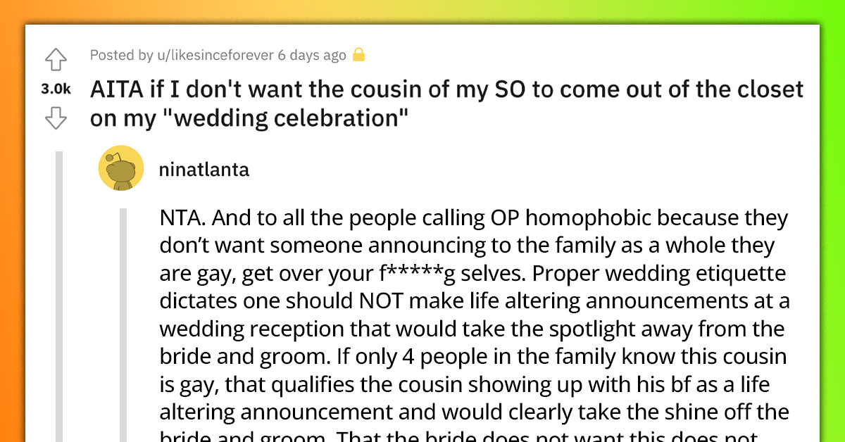 Redditor Feels Bad After Not Wanting Her S.O's Gay Cousin To Come Out During Her Wedding Celebration