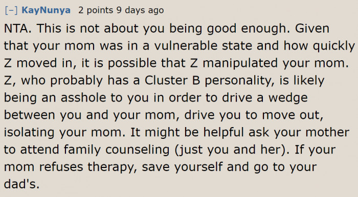 This manipulation is working on her mom, but definitely not on the OP.