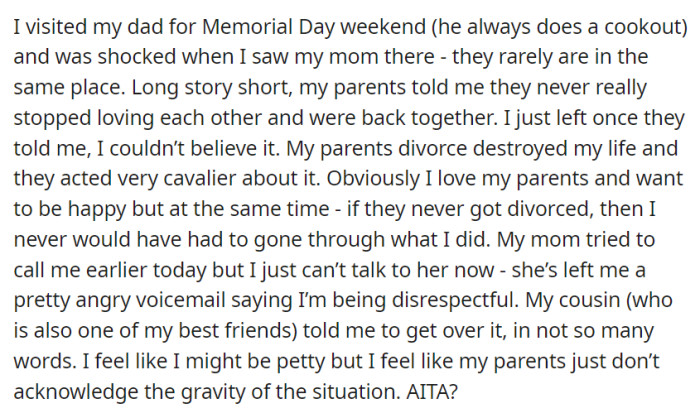 After discovering her parents' unexpected reconciliation during a Memorial Day visit, she's conflicted by their casual approach to the divorce that deeply affected her.