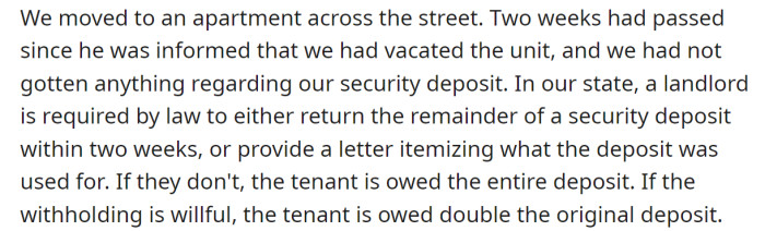 They moved to a nearby apartment, but the landlord did not return their deposit: