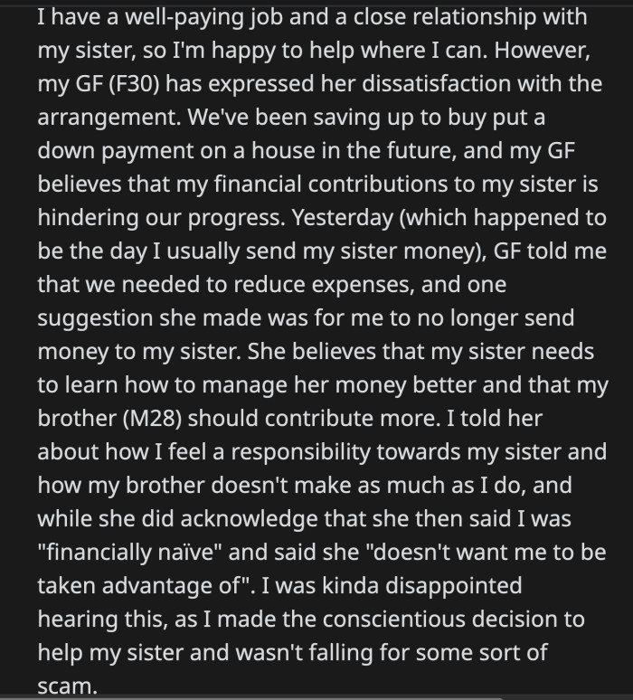 OP sent money to his sister anyway during his lunch break