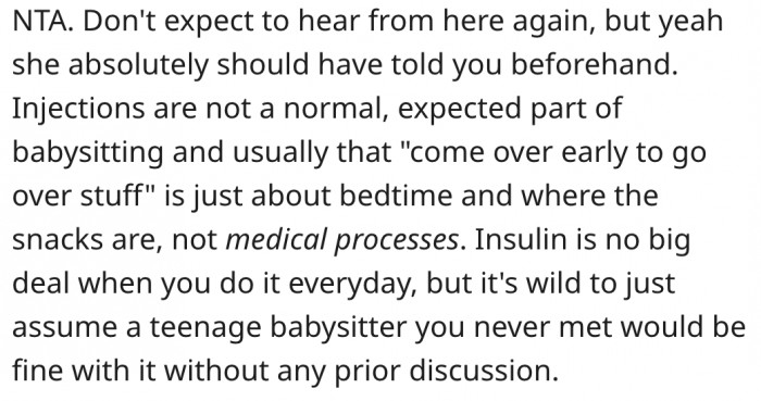 16. Giving injections shouldn't be part of babysitting.