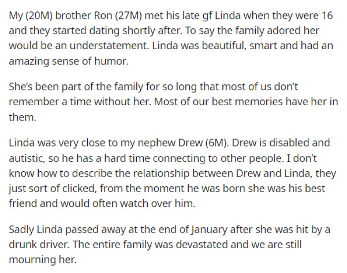 OP gives us the details on his brother and his brother's girlfriend that they lost and are currently grieving.