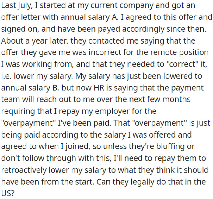 OP began his job with an annual salary A, but after a year, the company lowered it to salary B. HR is now suggesting that OP may need to repay the difference.