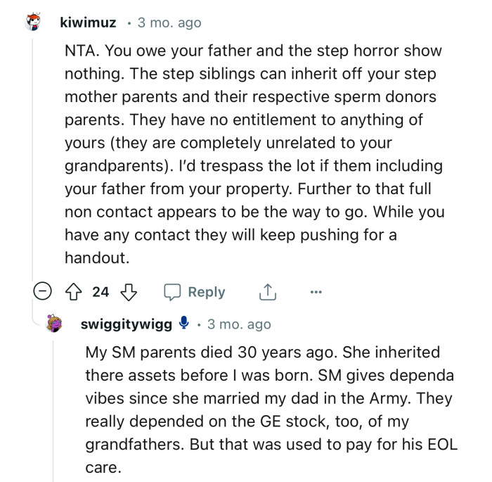 “NTA. You owe your father and the step horror show nothing.”