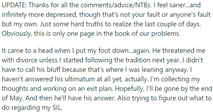 OP contemplates leaving her husband after he threatened divorce over her refusal to participate in his cultural tradition