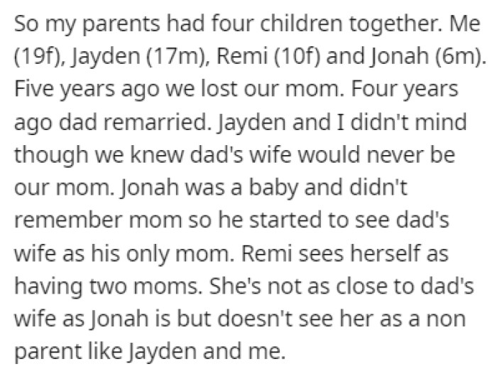 OP's parents had four children together, and five years ago, the mother passed away