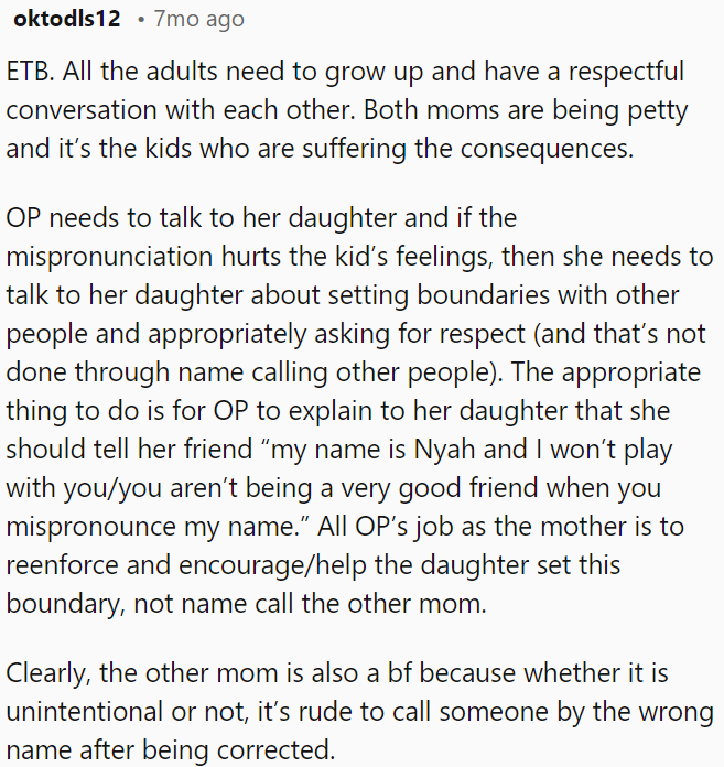 Both moms should correct mispronunciations respectfully.