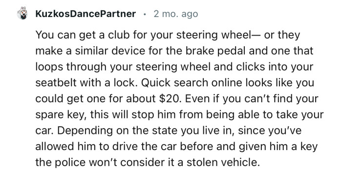 “You can get a club for your steering wheel—or they make a similar device for the brake pedal.”