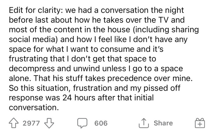For clarity, the OP added that she had discussed this exact issue with her husband only the night before.