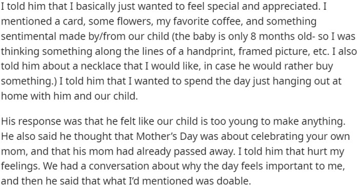 OP expresses hurt feelings, leading to a conversation where the partner acknowledged the importance of the day to OP