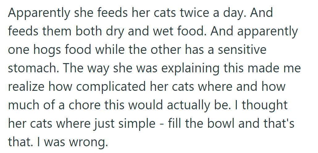 Cats need feeding twice daily with different foods; one overeats, while the other has a sensitive stomach. This complexity changed their view of cat-sitting.