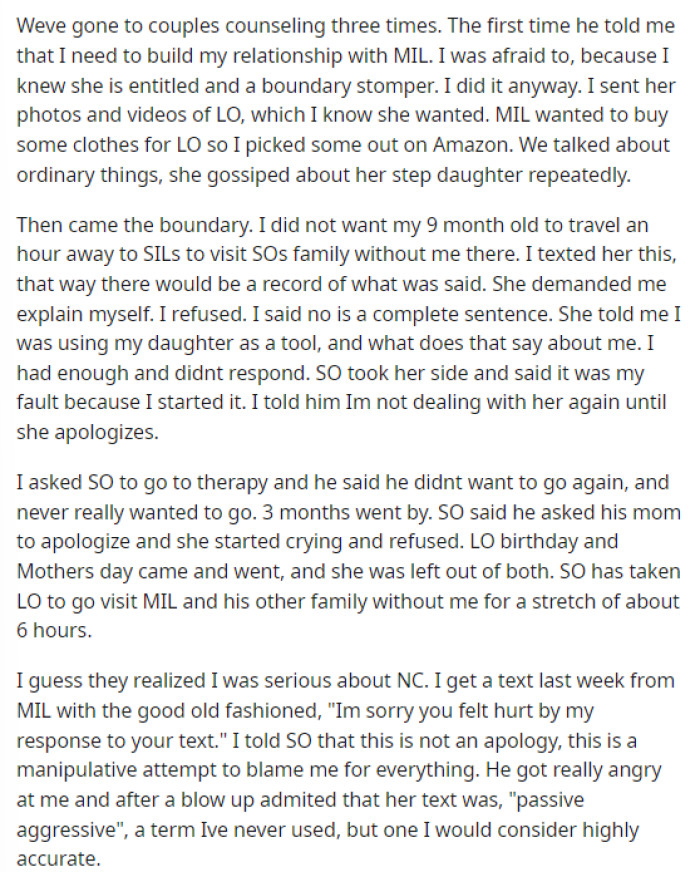 OP starts off discussing their counseling sessions and what she's tried to do to resolve this, but she also goes into detail about what her MIL did and said.
