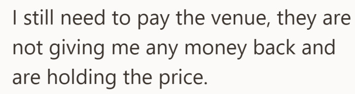 Even with the event canceled, the venue contract still stands. The full amount is still owed.