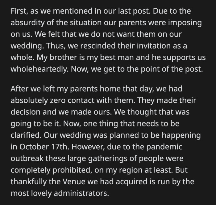 OP and his fiancée had to move their wedding a year later because of COVID-19 restrictions