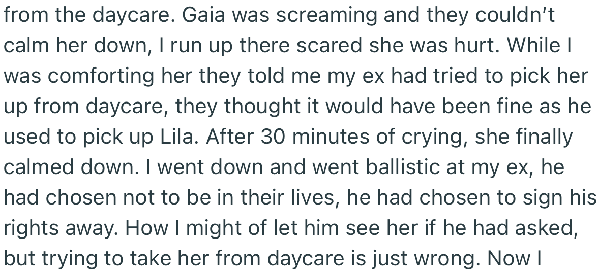 OP discovered that her ex came by their daughter’s daycare and tried to secretly pick the little girl up